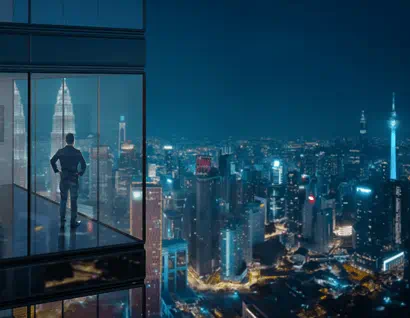 man standing in apartment and looking through window at city at night